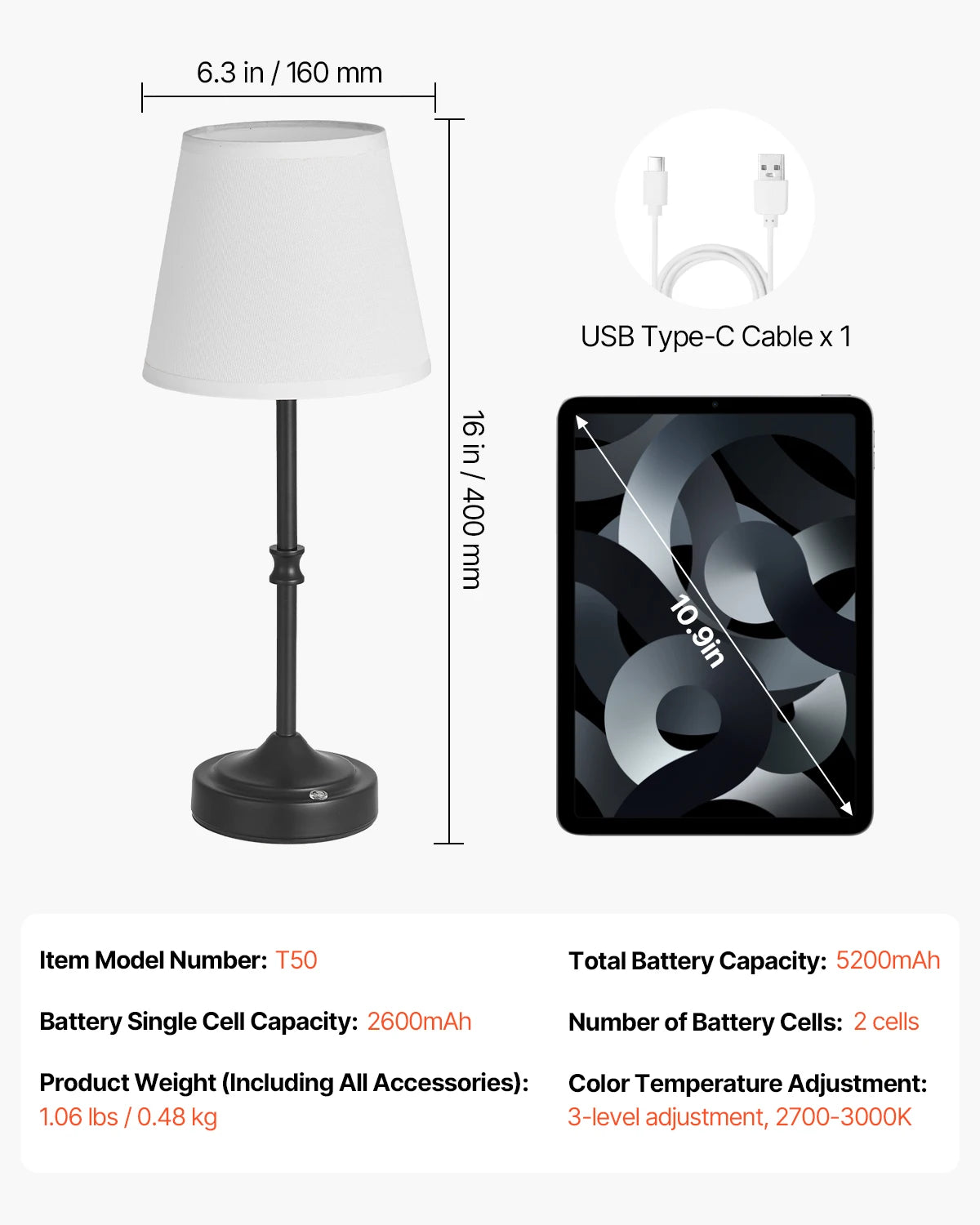 SucceBuy Cordless Table Lamp With 5200mAh Battery 3 Brightness Levels