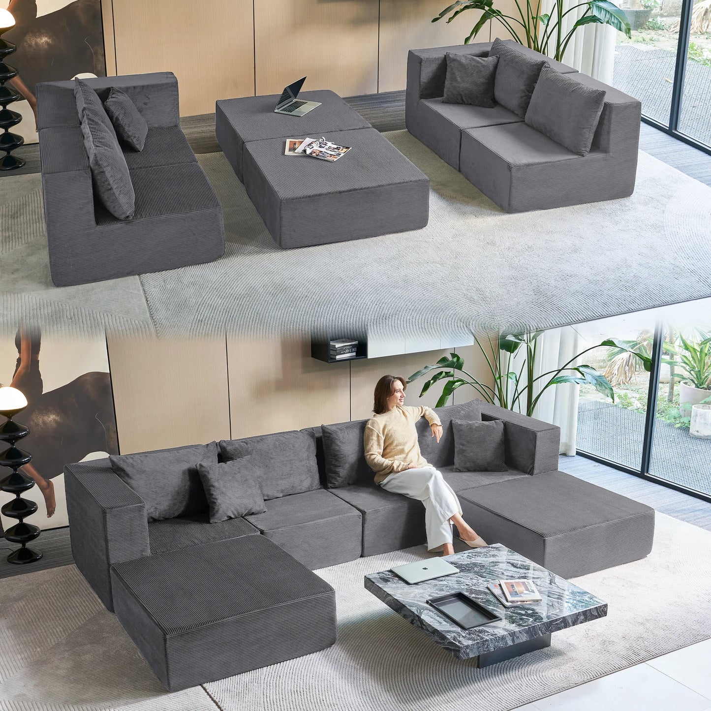 Modern Modular Sectional Sofa With Deep Seat And Convertible Bed