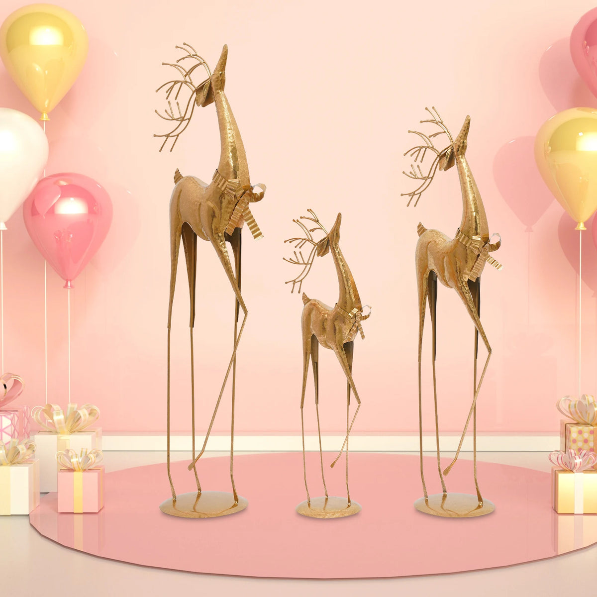 Gold Deer Statue Set 3-Pacs Iron Artisan Craft, Vintage Style for Home/Office Christmas Decor, Symbolic Auspicious Blessings Pet and Home Outlet