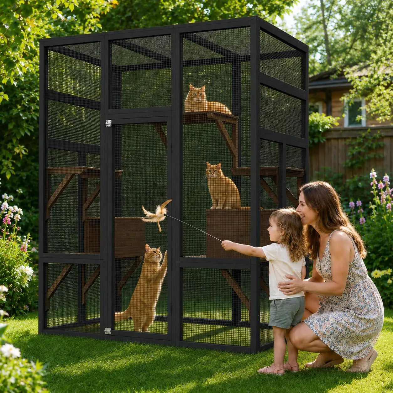 HiMISS Durable Wooden Outdoor Catio Cat House With Secure Cover