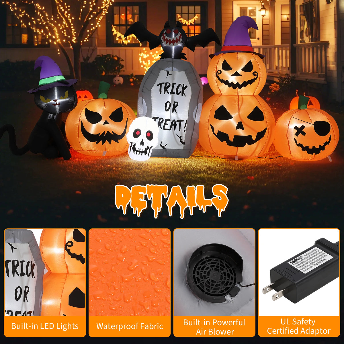 8ft Halloween Pumpkin Black Cat Tombstone Inflatable Yard Decor With Led Lights, Blow Up Outdoor Decoration For Lawn Garden Porch Party Pet and Home Outlet