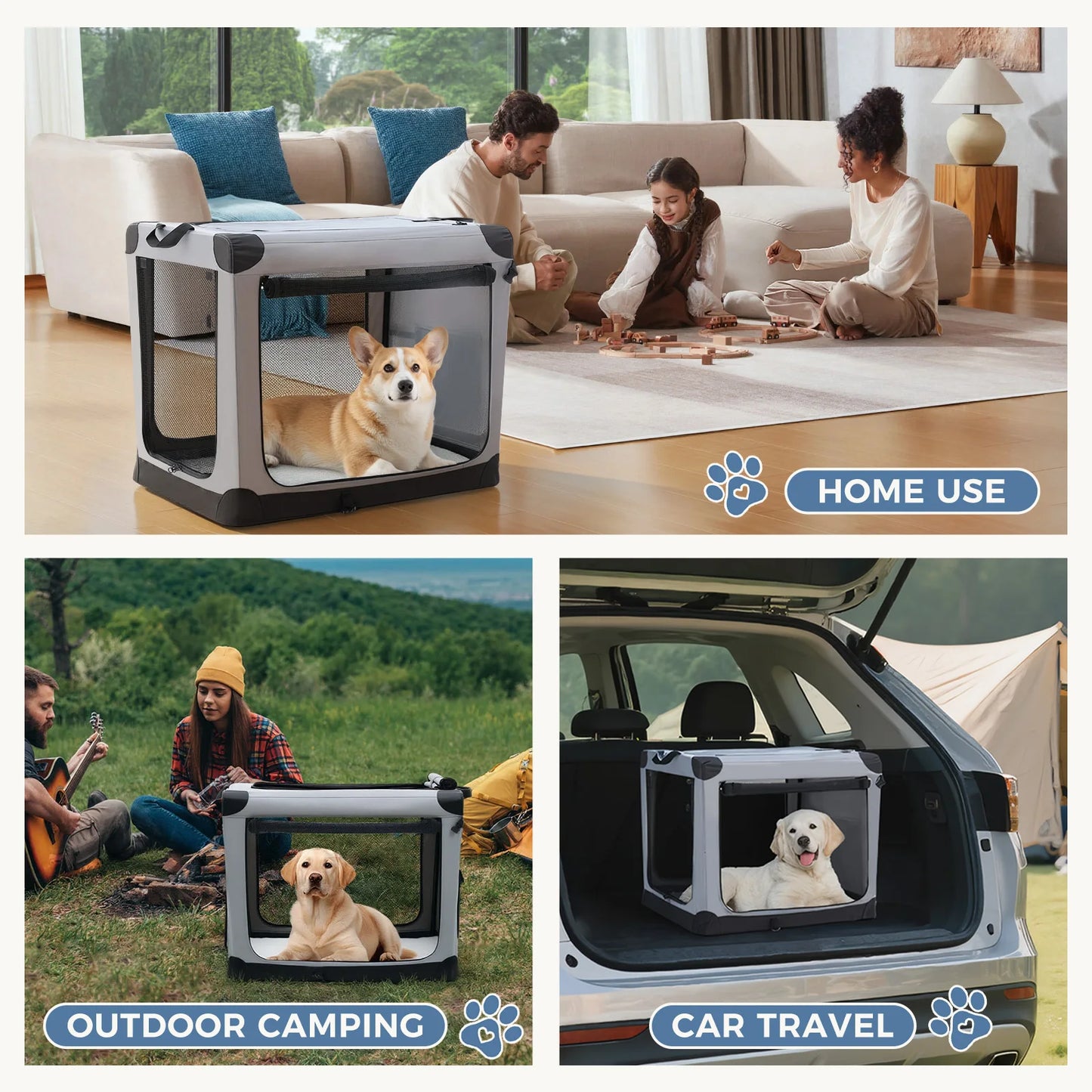 JHK 600D Oxford Foldable Soft Dog Crate With Three Doors Indoor