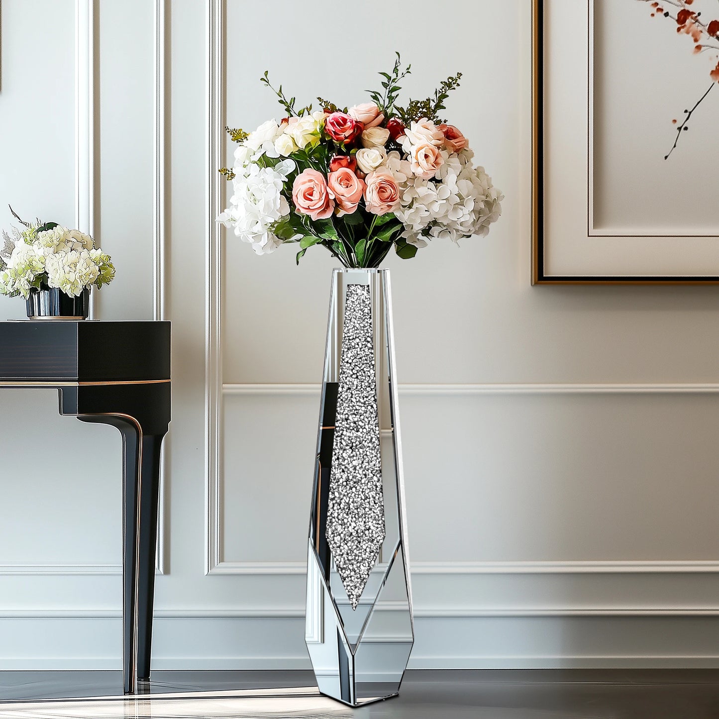 Crushed Diamond Mirrored Floor Vase Silver Floral Arrangement