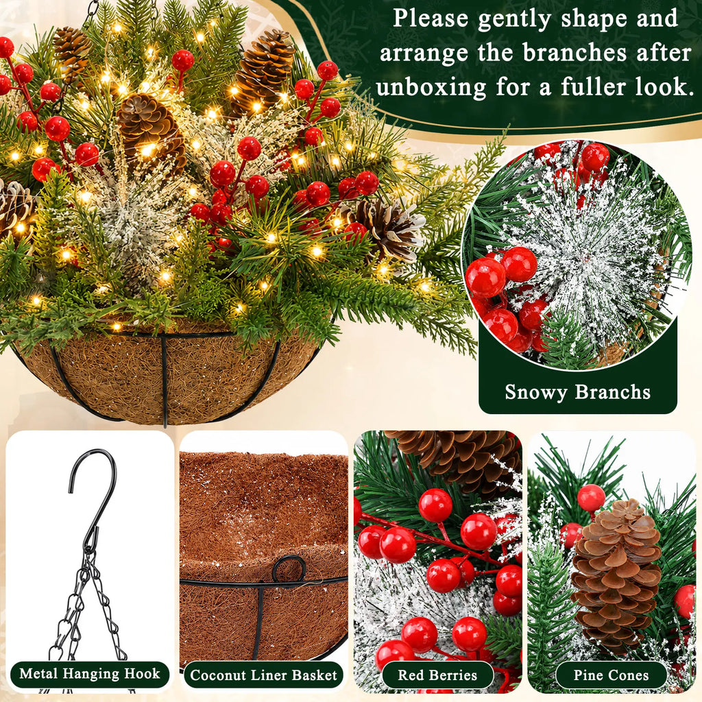 Artificial Christmas Hanging Basket With LED String Lights Pre-Lit Christmas Hanging Plant Basket Artificial Flowers Decor for Front Door Garden And Party Pet and Home Outlet