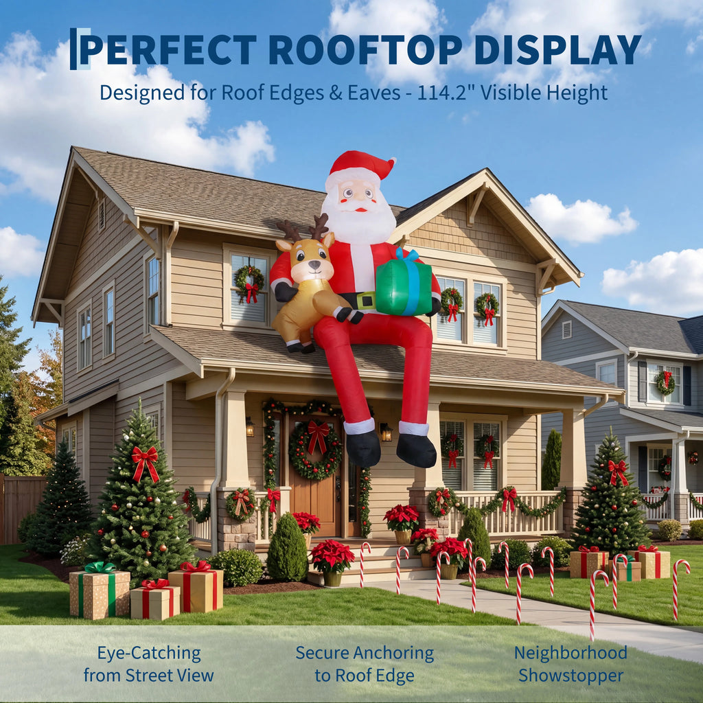 9.5ft Christmas Inflatable Sitting Santa with Reindeer Outdoor Blow Up Yard Decoration Built In LED Lights Lawn Garden Roof Display Holiday Party Winter Festival Home Decor Pet and Home Outlet