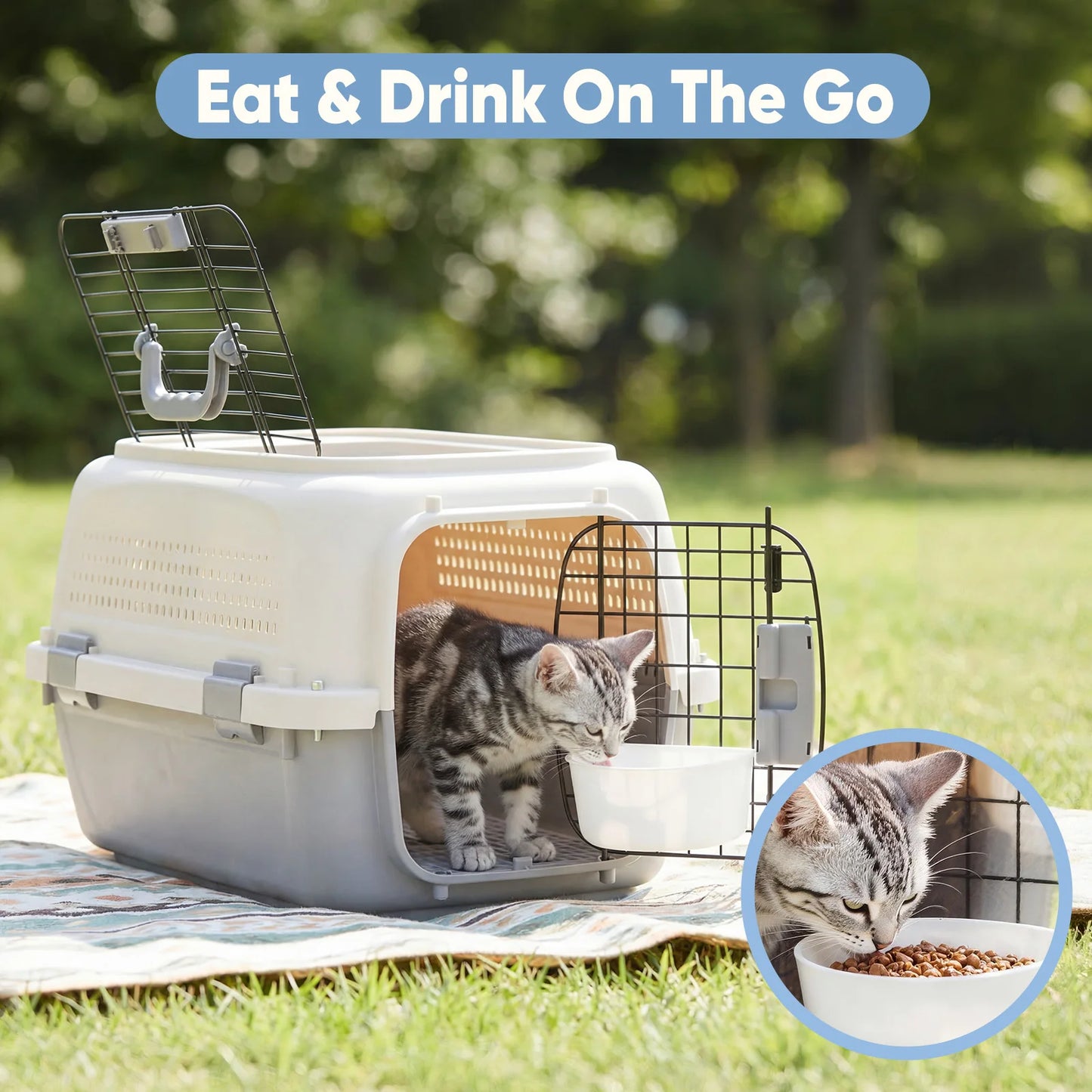 Secure Top Load Pet Carrier With Bowls For Small Dogs