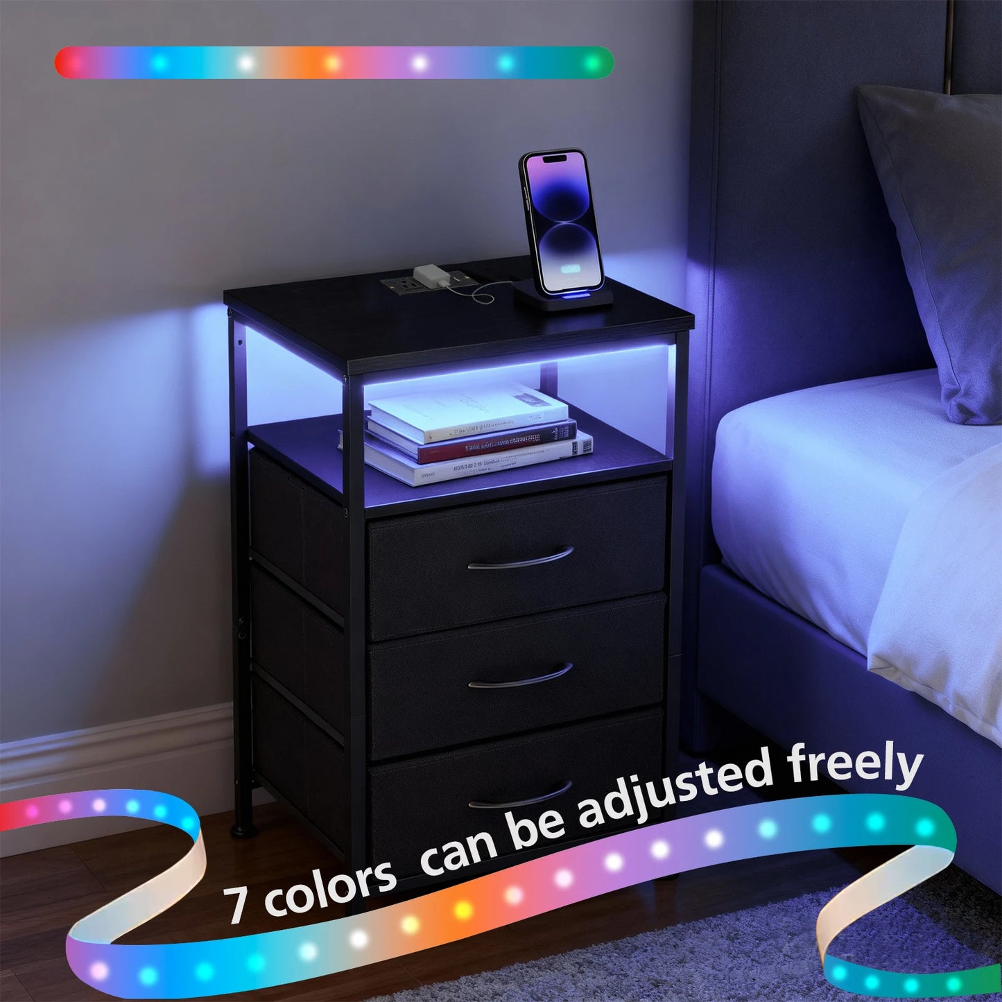 JHK Modern Nightstand With Three Fabric Drawers And USB Outlet