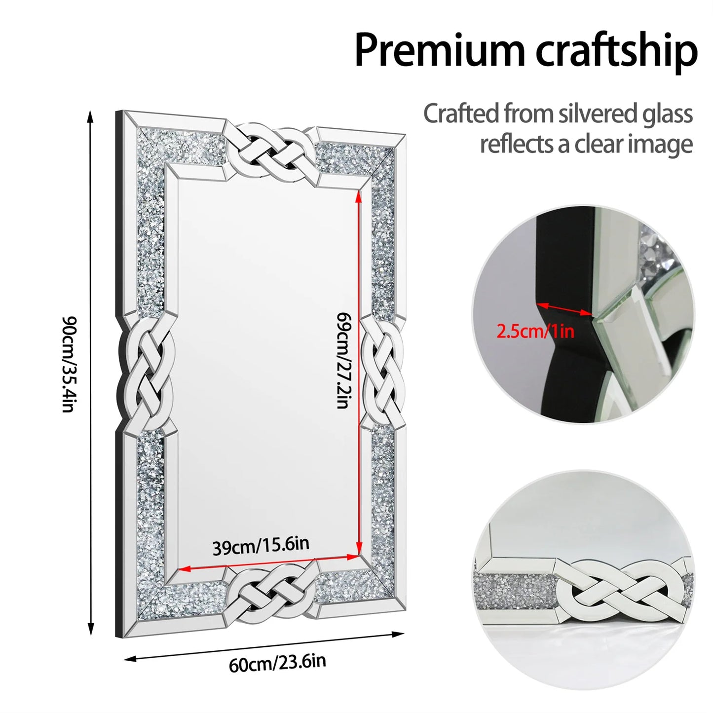Crystal Diamond Wall Mirrors Rectangular Hanging Wall Mount
