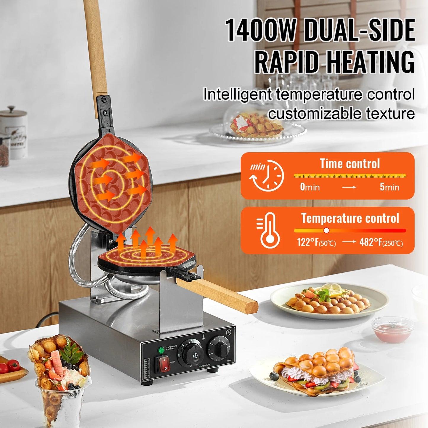 VEVOR SucceBuy Bubble Waffle Maker 1400W Rotatable Dual Pans Nonstick