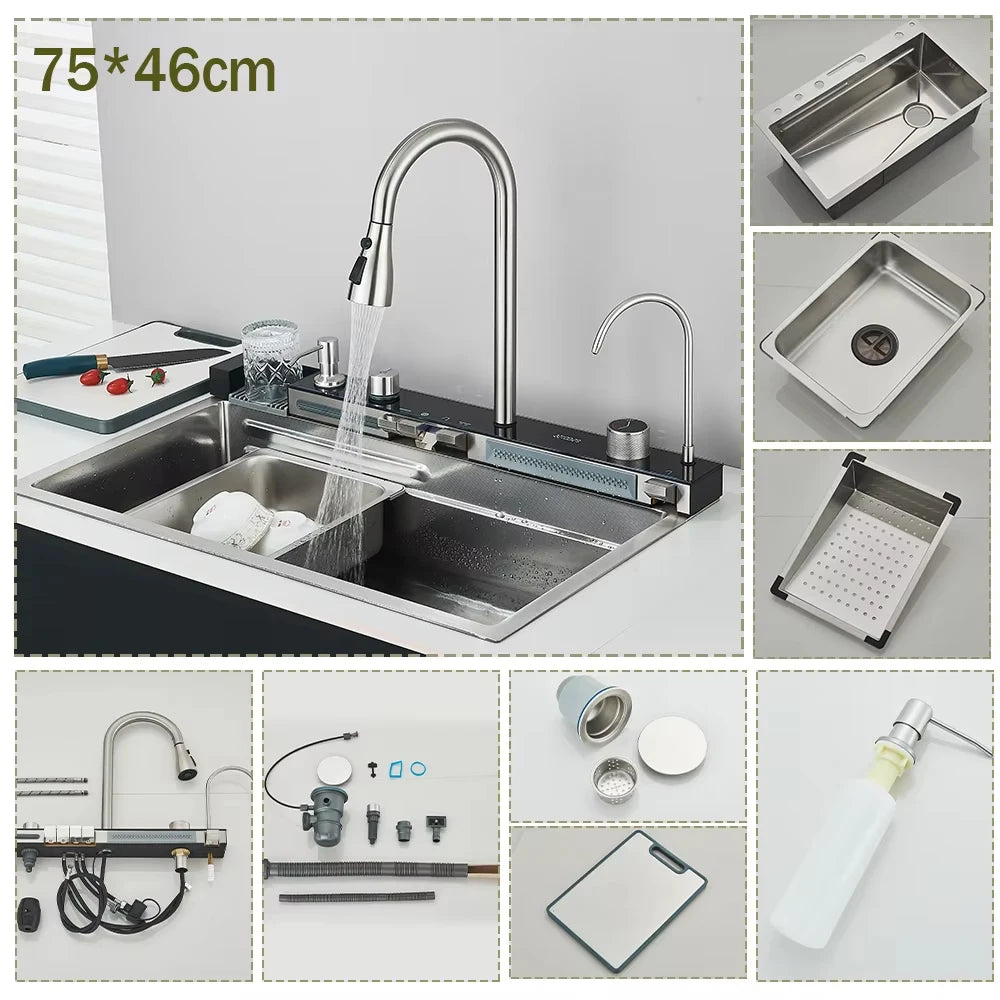 304 Stainless Steel Kitchen Waterfall Sink With Digital Display Faucet