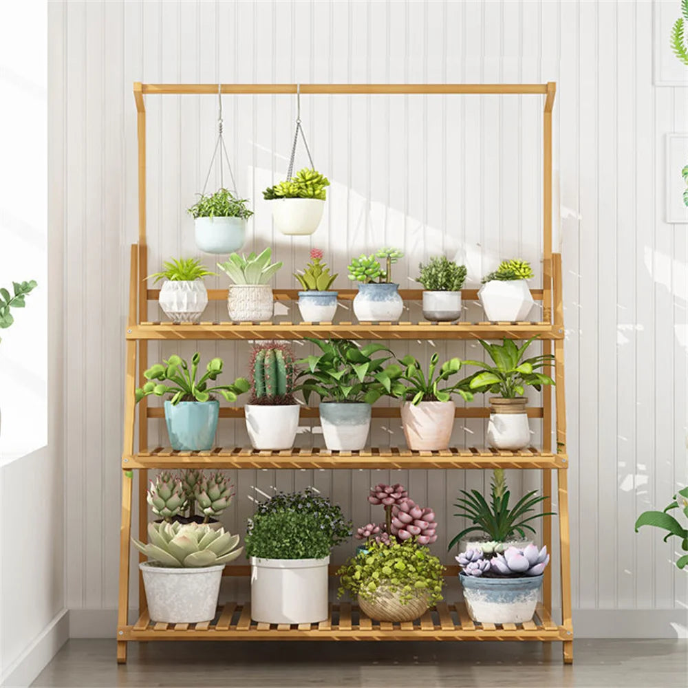 Bamboo Folding Plant Stand 3 Tier Indoor Outdoor Use