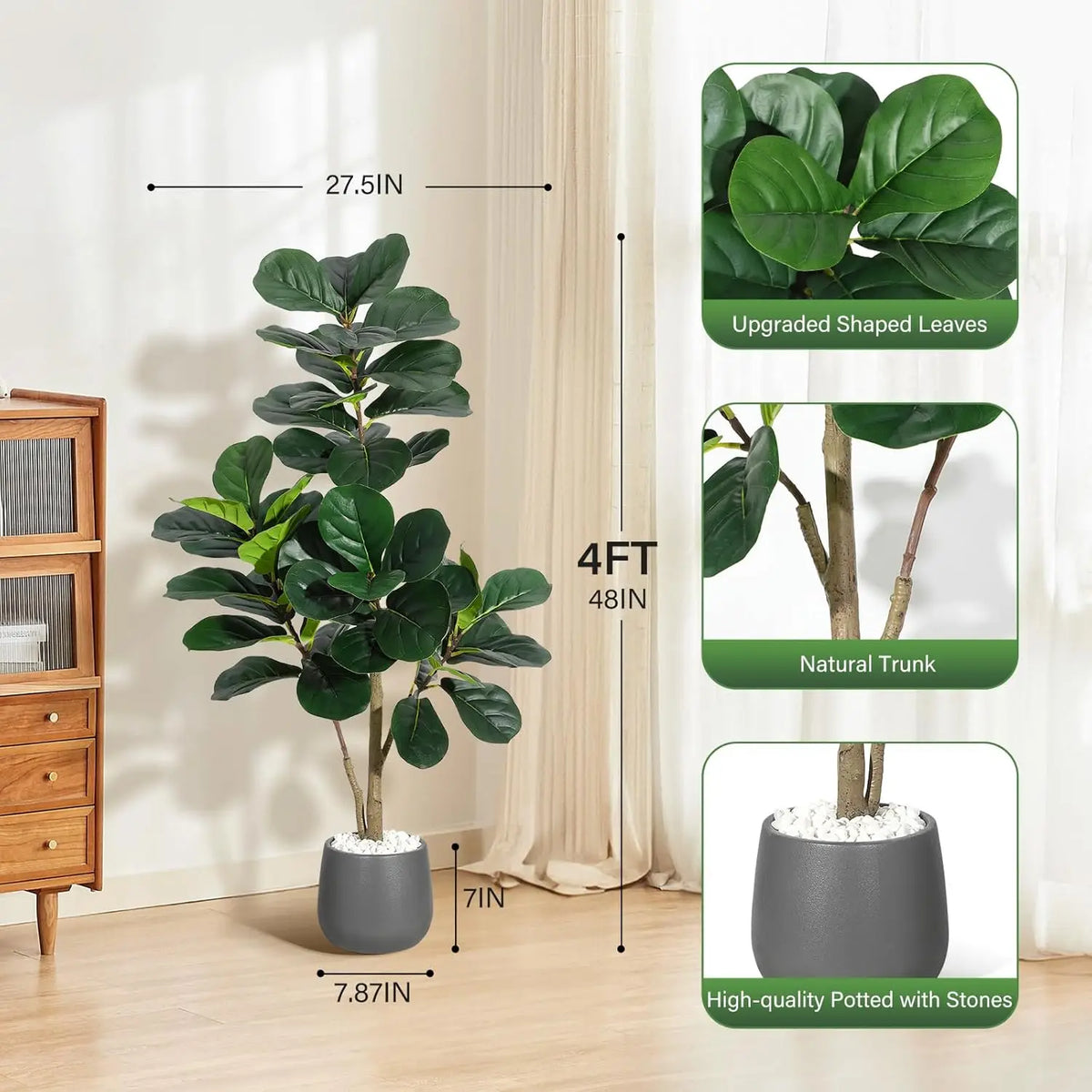 4FT/5FT/6FT/7FT Fiddle Leaf Fig Tree Artificial with Leaves, Realistic Faux Ficus Lyrata Trees in White Planter Pot, Home Decor Pet and Home Outlet