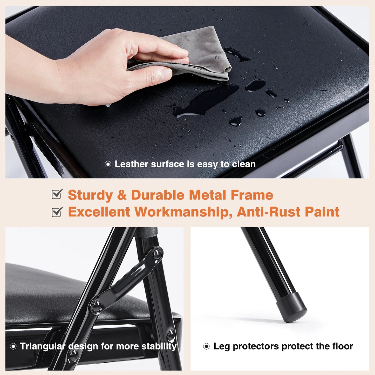 JHK Leather Padded Folding Chair Set 4 Pack, Sturdy Metal Living Room Chairs