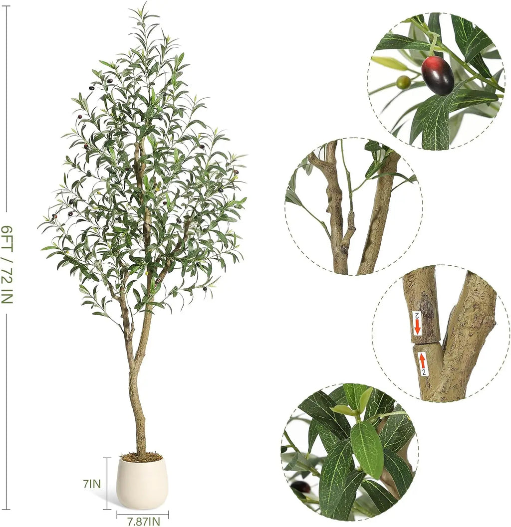 Olive Trees Artificial Indoor, 5-7ft Tall Faux Silk Plant - Fake Potted Tree with White Planter, Artificial Plants for Home Offi Pet and Home Outlet
