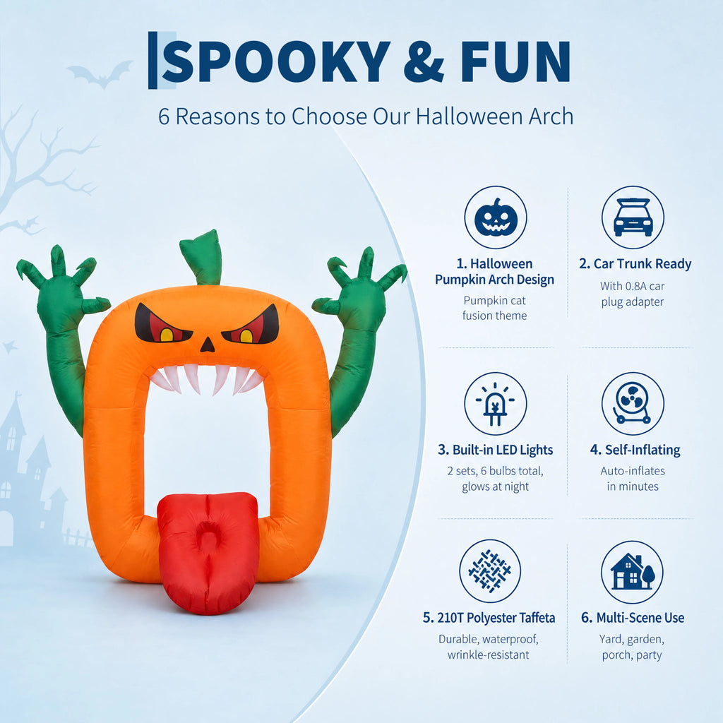 6 FT Inflatable Halloween Pumpkin Arch with LED Lights Self Inflating Outdoor Yard and Trunk or Treat Decoration 210T Polyester 12V Plug Spooky Holiday Party Lawn Garden Night Display Props Pet and Home Outlet