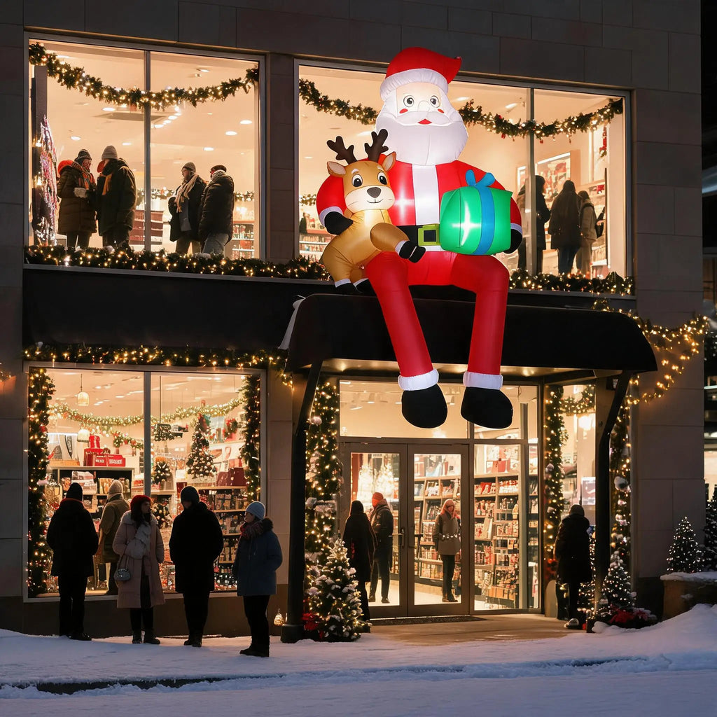 9.5ft Christmas Inflatable Sitting Santa with Reindeer Outdoor Blow Up Yard Decoration Built In LED Lights Lawn Garden Roof Display Holiday Party Winter Festival Home Decor Pet and Home Outlet