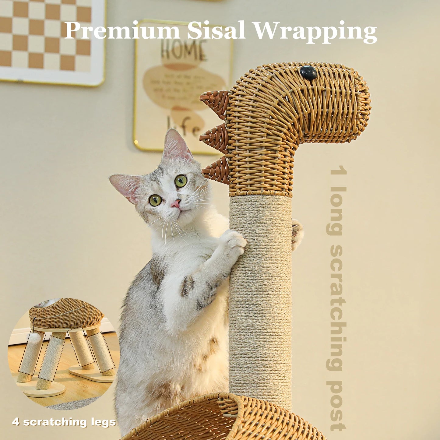 PAWZ Road Dinosaur Cat Tree Tower With Sisal Scratching Post And Rattan Condo