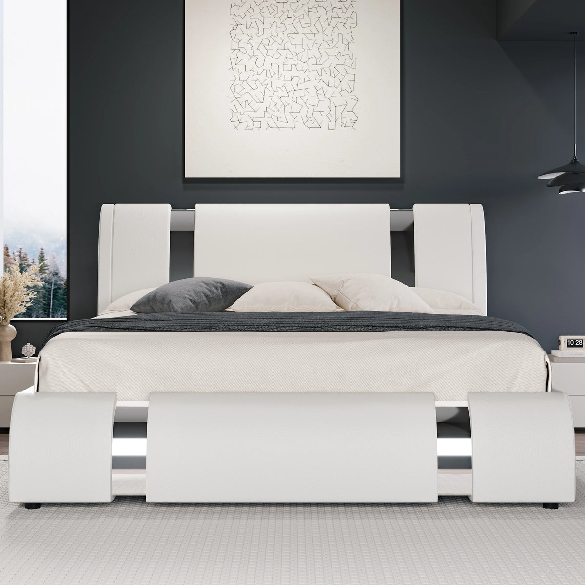 HOOMIC Modern Faux Leather Bed Frame with Iron Pieces Decor, Low Profile Platform Bed with Height-Adjustable Headboard Pet and Home Outlet
