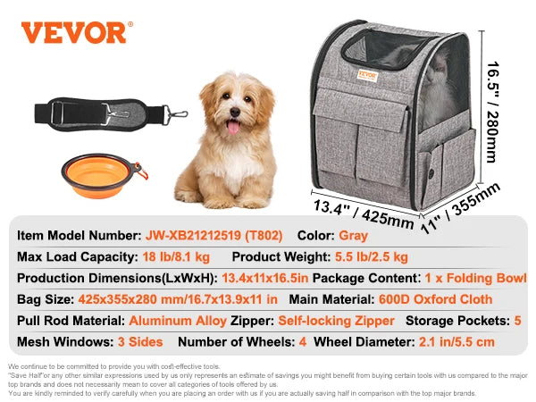 Breathable Cat And Small Dog Carrier Backpack With Telescopic Handle And Wheels