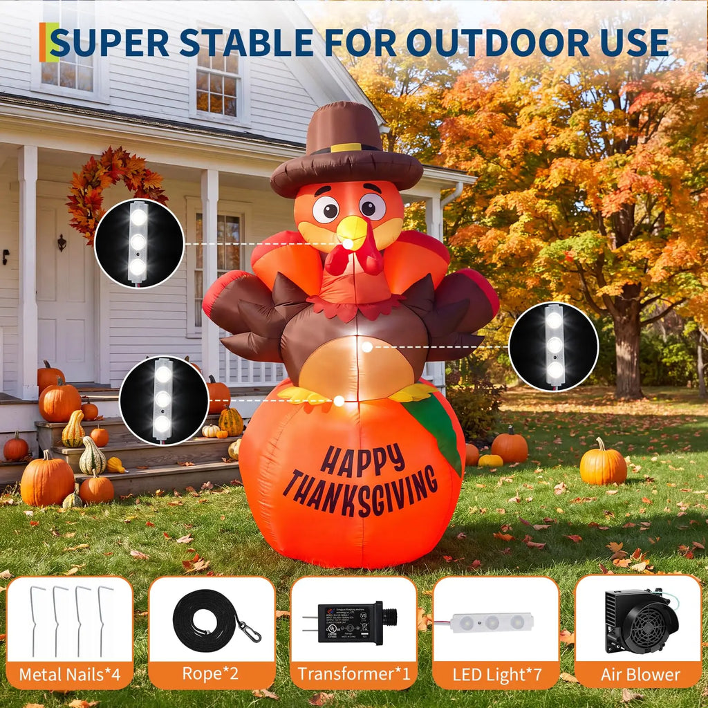 6ft Thanksgiving Pumpkin Turkey Inflatable Yard Decor With 7 Led Lights, Blower, Stakes & Ropes For Lawn Porch Garden Party Home Pet and Home Outlet