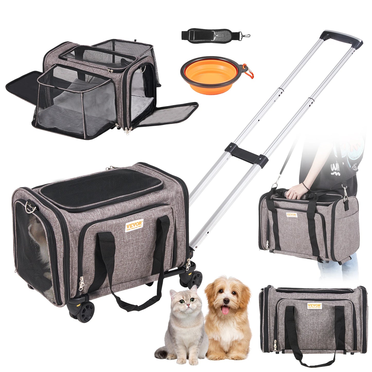 Breathable Cat And Small Dog Carrier Backpack With Telescopic Handle And Wheels