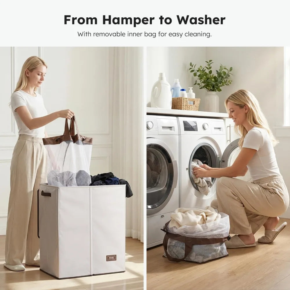Two-Section Collapsible Laundry Hamper With Lid And Removable Bags
