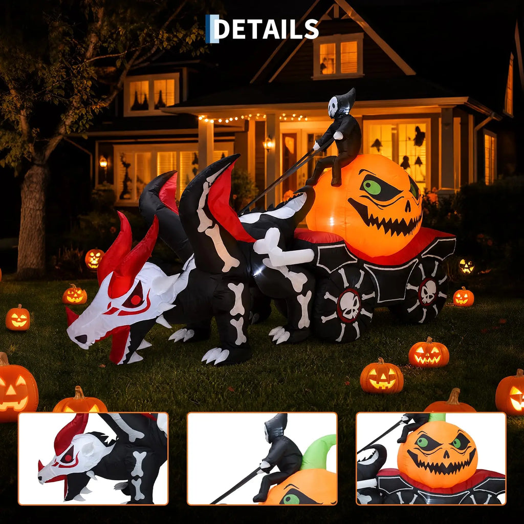 12ft Grim Reaper Dragon Carriage Halloween Inflatable With 3 Led Lights, Outdoor Yard Decoration For Lawn Porch Garden Party Display Pet and Home Outlet