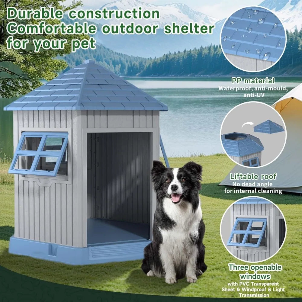 Durable Indoor Outdoor Dog House With Window and Elevated Floor