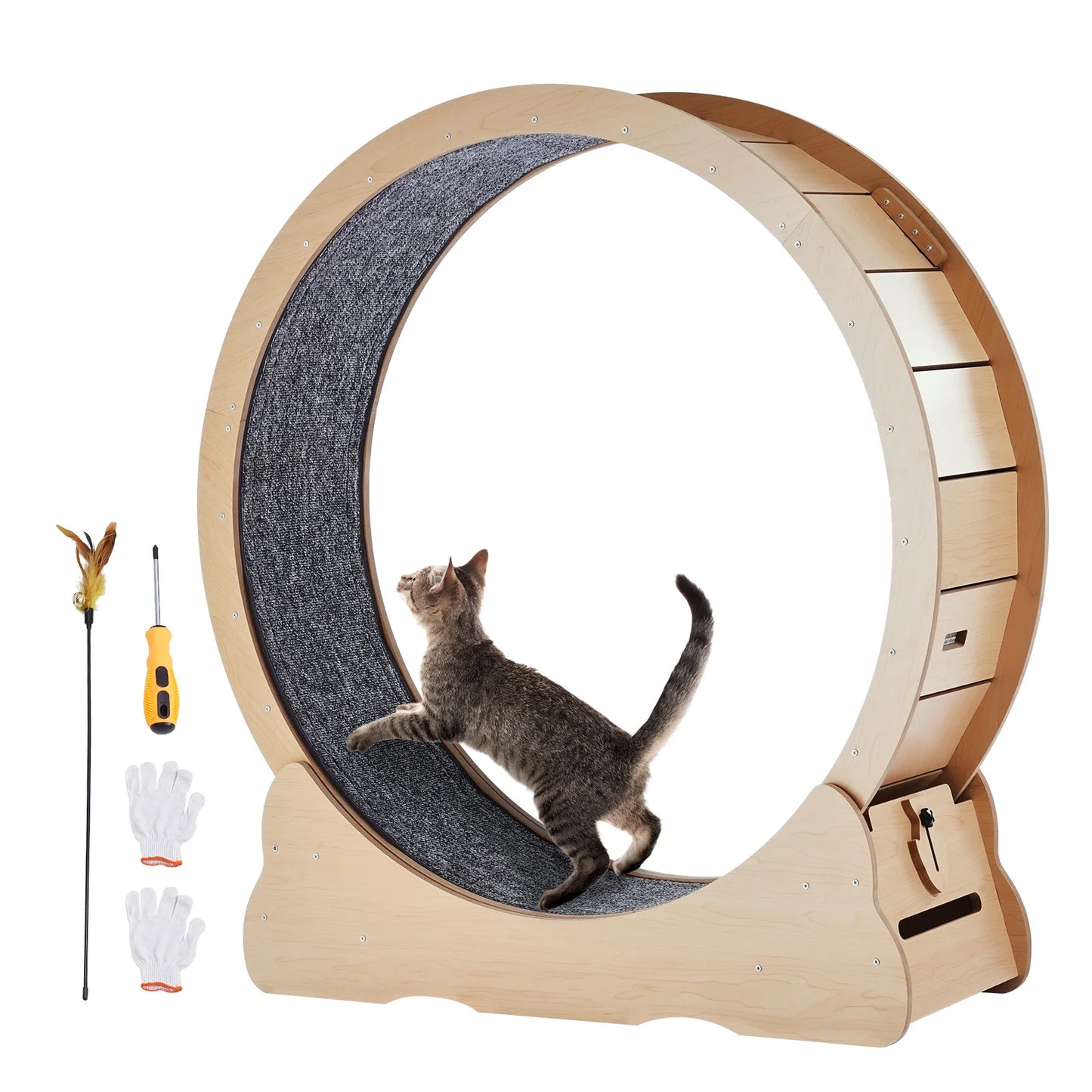 Indoor Wooden Cat Exercise Wheel With Detachable Carpet Teaser Attachment