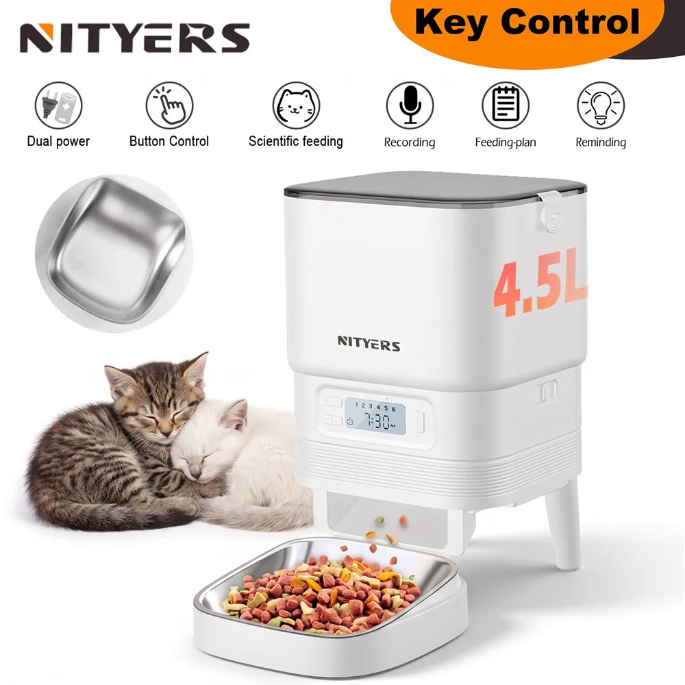 NITYERS 4.5L Automatic Cat Feeder, Timed Dog Food Dispenser with Stainless Steel Bowl, Smart Pet Feeder with Clog-Free Design, Voice Recorder, Dual Power Supply, Portion Control & Meal Planner for Cats and Small Dogs Pet and Home Outlet
