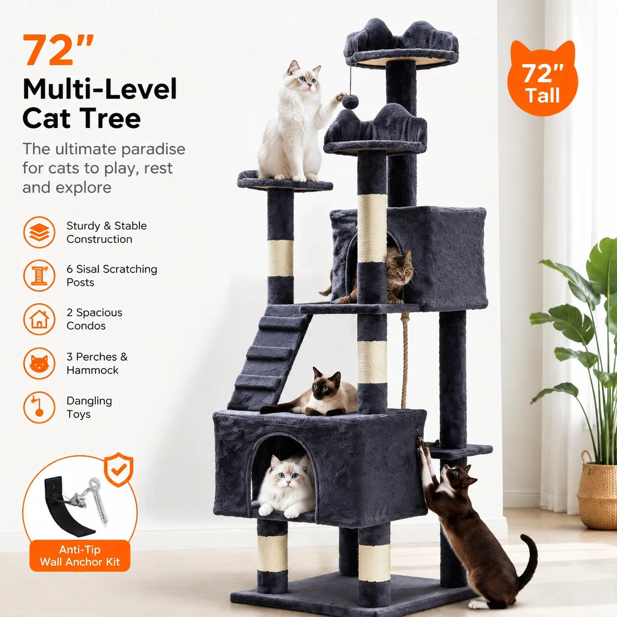 Sturdy Cat Tree With Sisal Scratching Posts And Condos