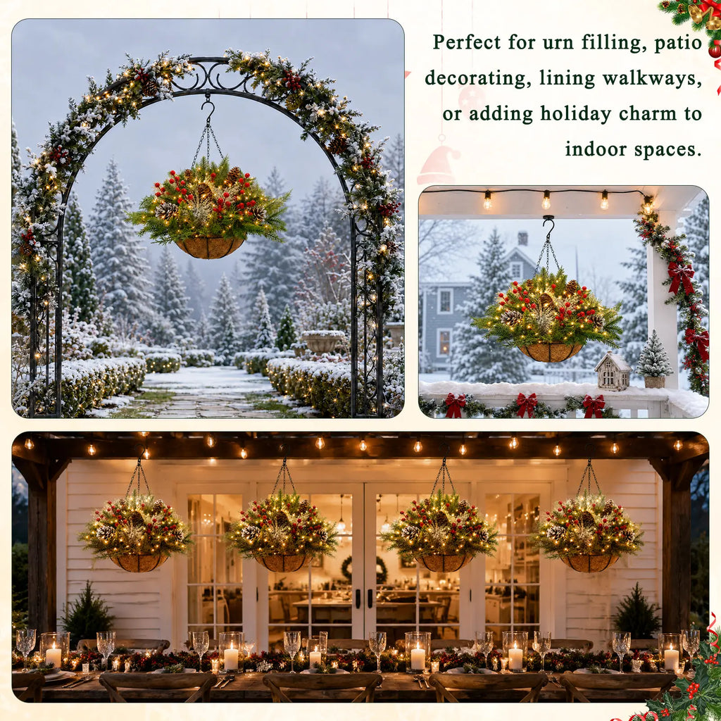 Artificial Christmas Hanging Basket With LED String Lights Pre-Lit Christmas Hanging Plant Basket Artificial Flowers Decor for Front Door Garden And Party Pet and Home Outlet