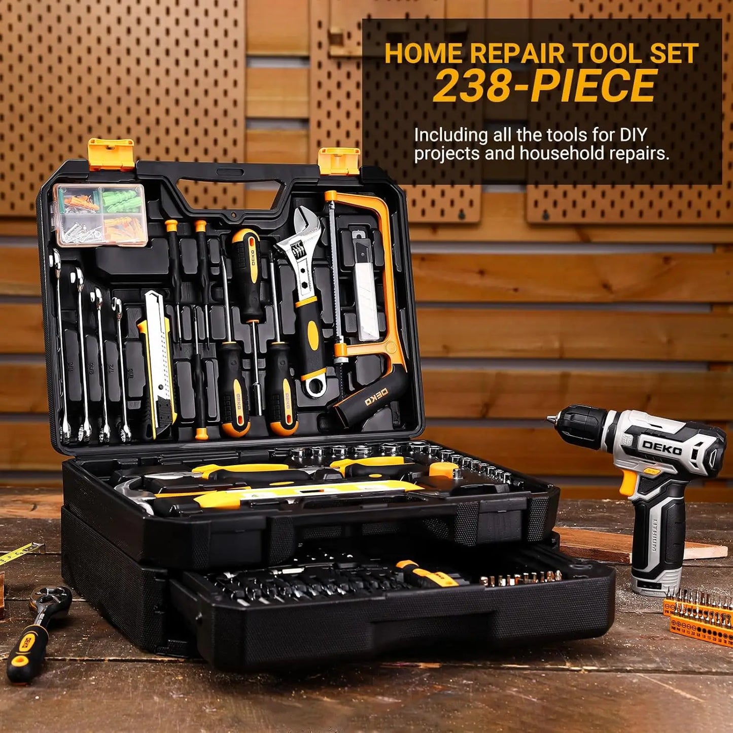 DEKO Home Mechanic Toolbox With 12V Cordless Drill Tool Set