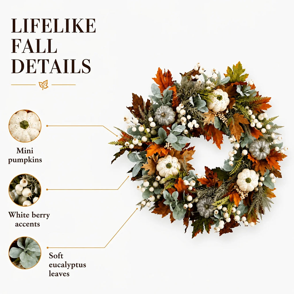 Garlands - All Peony And Pumpkin Wreath Year Round, Leaves And Berries Farmhouse Autumn Wreath, Mixed Leaves - Thanksgiving Wreaths for Indoor Outdoor, Artificial Fall Wreaths for Front Door Rustic Pet and Home Outlet
