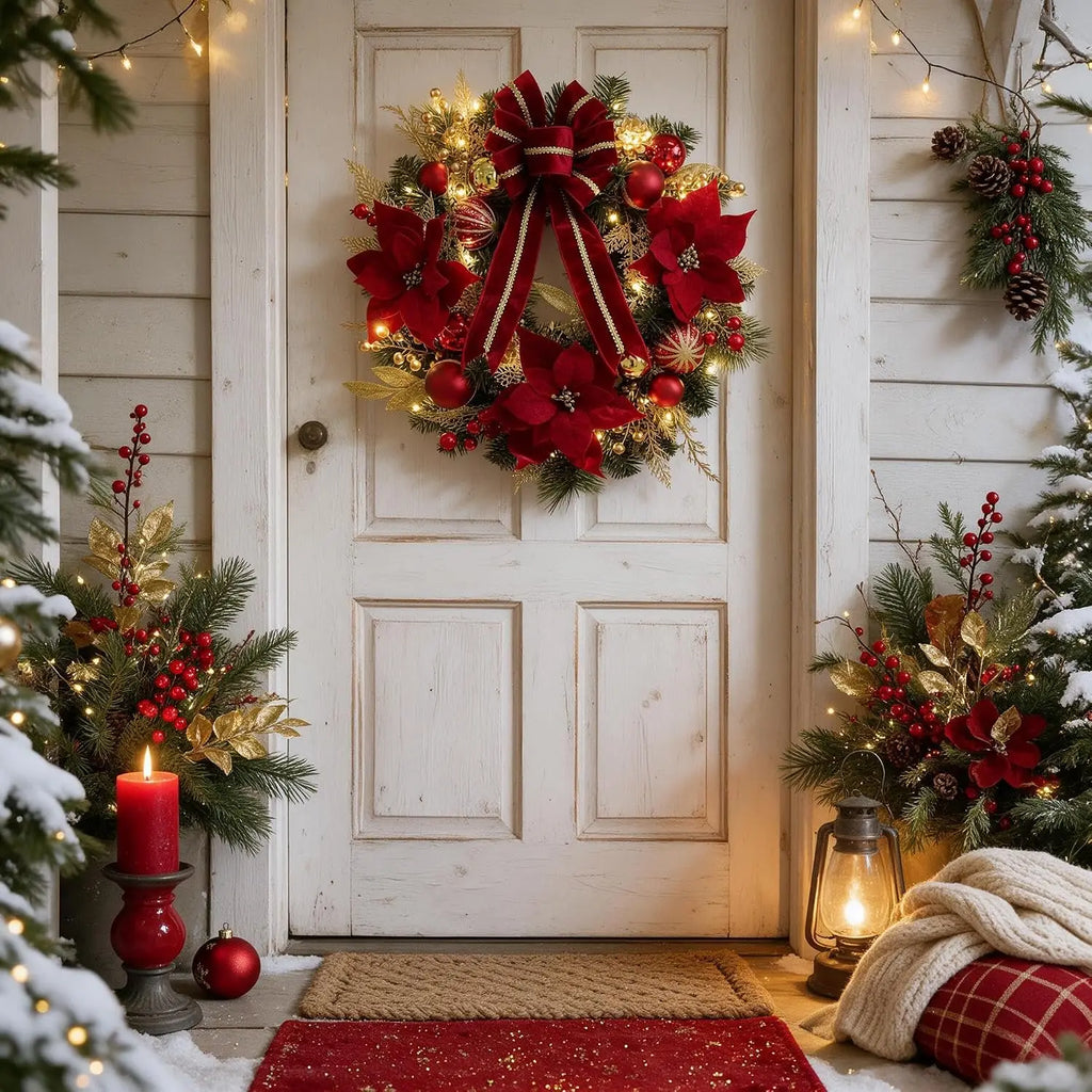 Garvee 24inch Christmas Wreath for Front Door with 20 LED Lights Holiday Wreath Artificial Velvet Bow Hanger for Fireplace Wall Indoor Outdoor Decor Pet and Home Outlet
