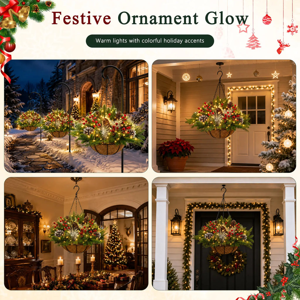 Artificial Christmas Hanging Basket With LED String Lights Pre-Lit Christmas Hanging Plant Basket Artificial Flowers Decor for Front Door Garden And Party Pet and Home Outlet