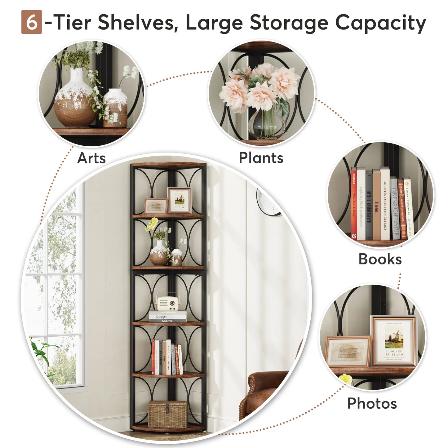 Tribesigns 6 Tier Rustic Corner Bookshelf Tall Storage Rack