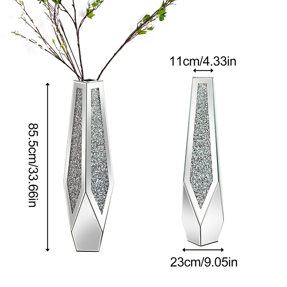 Crushed Diamond Mirrored Floor Vase Silver Floral Arrangement