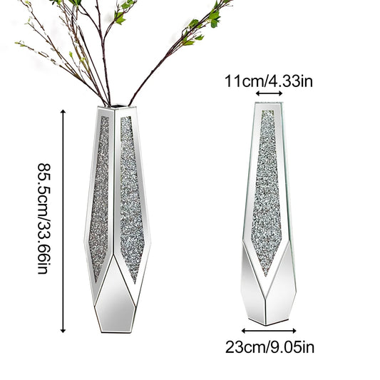 Crushed Diamond Mirrored Floor Vase Silver Floral Arrangement
