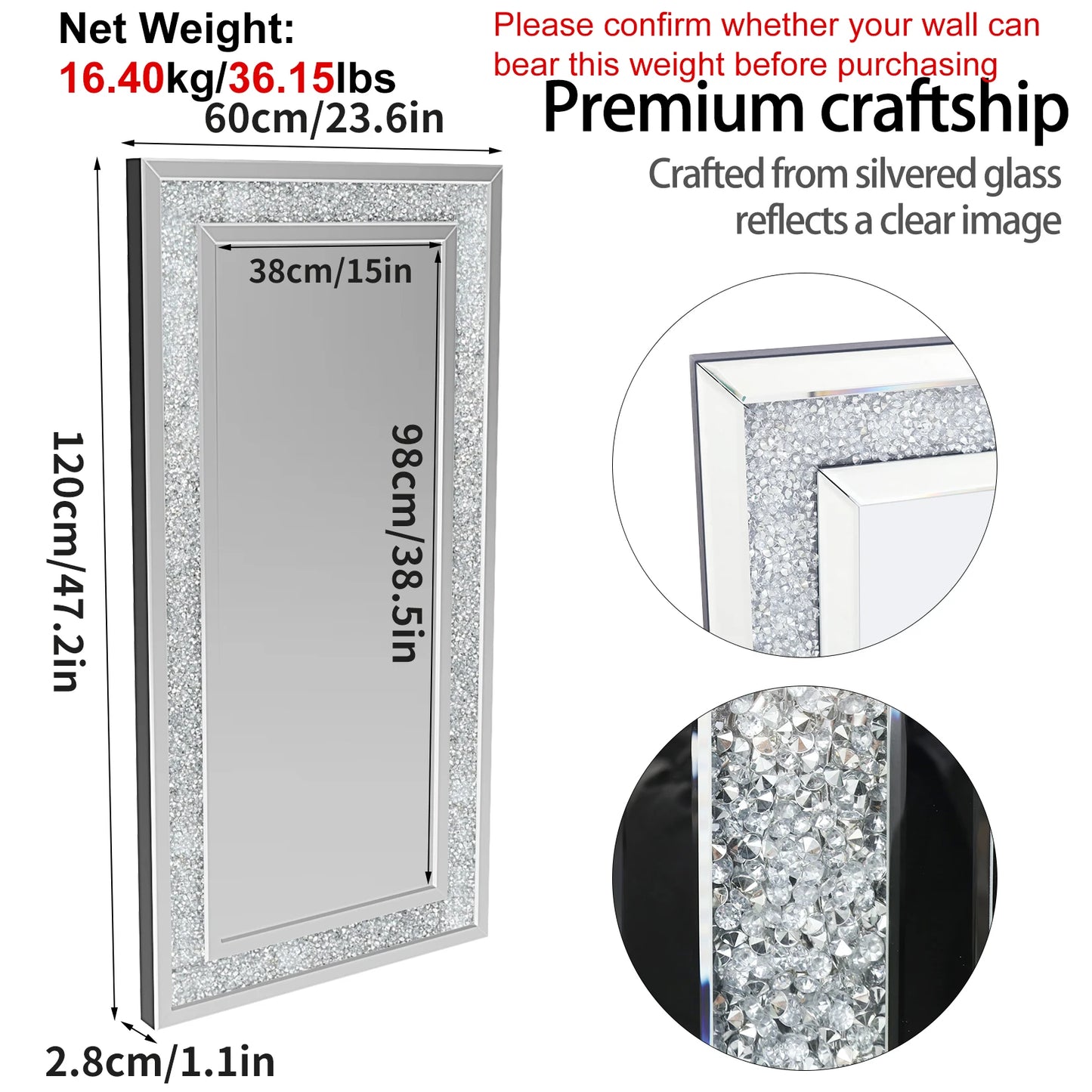 Crystal Crush Diamond Wall Mirror Rectangular Framed Mirror