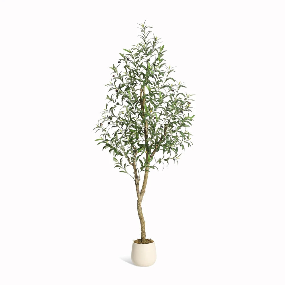 Olive Trees Artificial Indoor, 5-7ft Tall Faux Silk Plant - Fake Potted Tree with White Planter, Artificial Plants for Home Offi Pet and Home Outlet