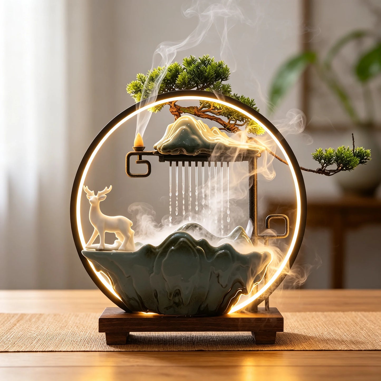 Bymaocar Ceramic Tabletop Water Fountain With LED Light Zen Decor