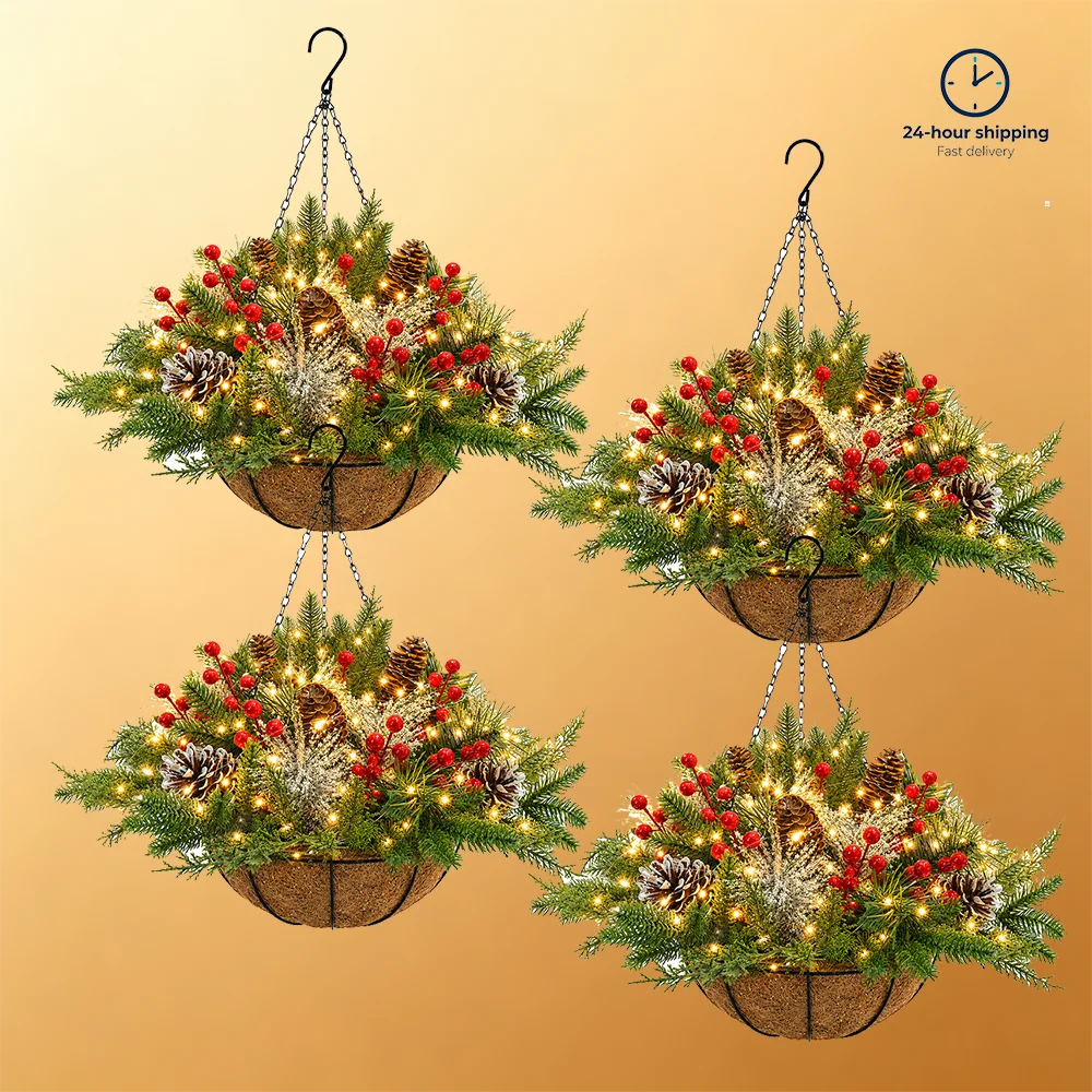 Artificial Christmas Hanging Basket With LED String Lights Pre-Lit Christmas Hanging Plant Basket Artificial Flowers Decor for Front Door Garden And Party Pet and Home Outlet