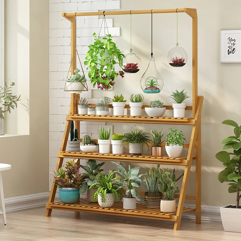 Bamboo Folding Plant Stand 3 Tier Indoor Outdoor Use