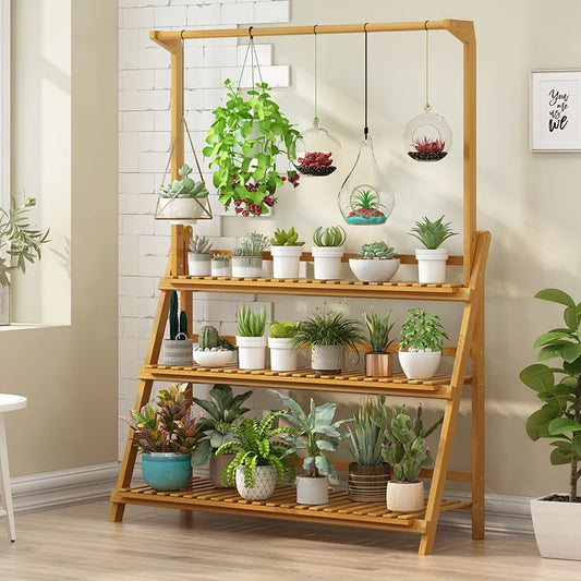 3-Tier Folding Bamboo Plant Stand for Indoor and Outdoor Use