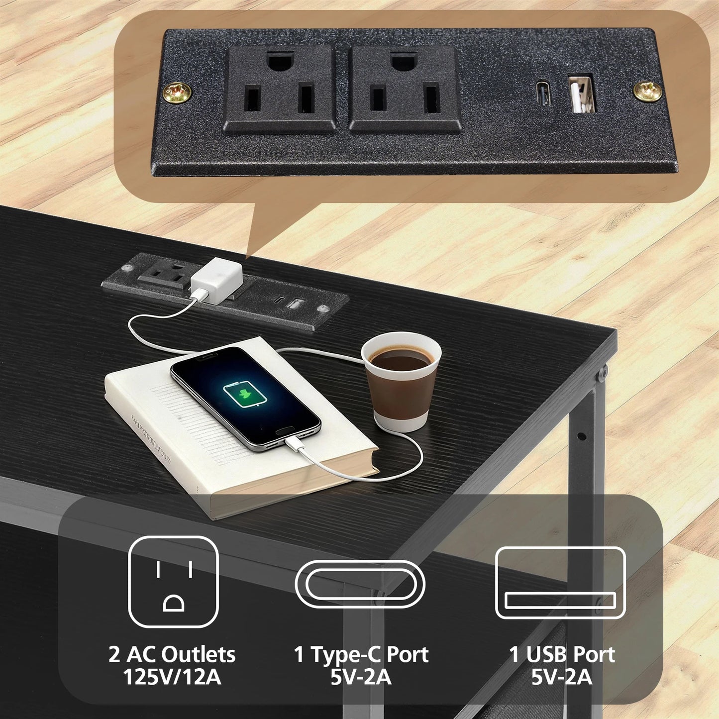 JHK Modern Nightstand With Three Fabric Drawers And USB Outlet