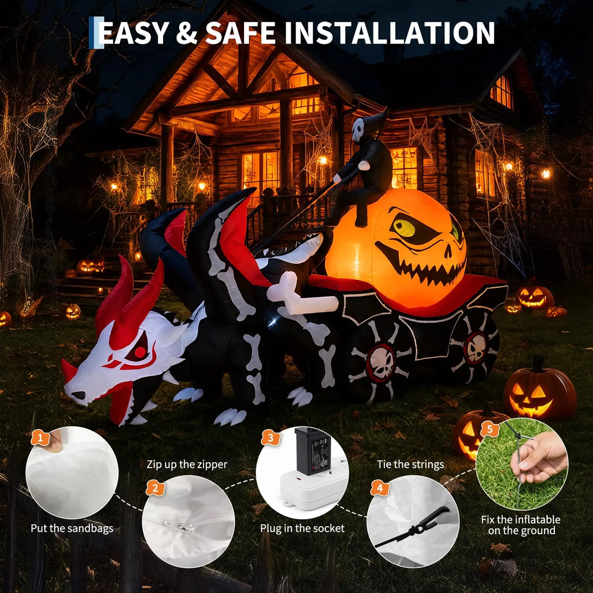 12ft Grim Reaper Dragon Carriage Halloween Inflatable With 3 Led Lights, Outdoor Yard Decoration For Lawn Porch Garden Party Display Pet and Home Outlet
